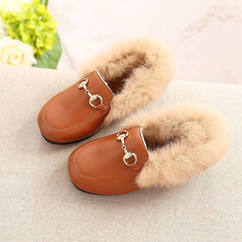 First Walkers Real Hair Loafers With Buckle Moccasin Winter Kids Fur Velvet Shoes Baby Girls Princess Children Warm Casual Shoe 220830