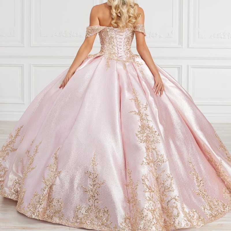 Light Pink Shiny Ball Gown Quinceanera 2024 Princess Gold Lace Appliques Beads Sweet 16 Dress Vestidos 15 De