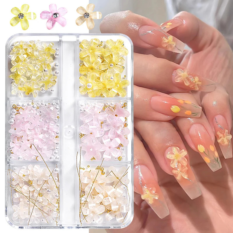 Nail Art Decorations 6Grids Acrylic Flower 3D Nail Art Decorations Resin Charms Gold Beads Caviar Pearl Mixed Rhinestones Accessories Manicure 231207