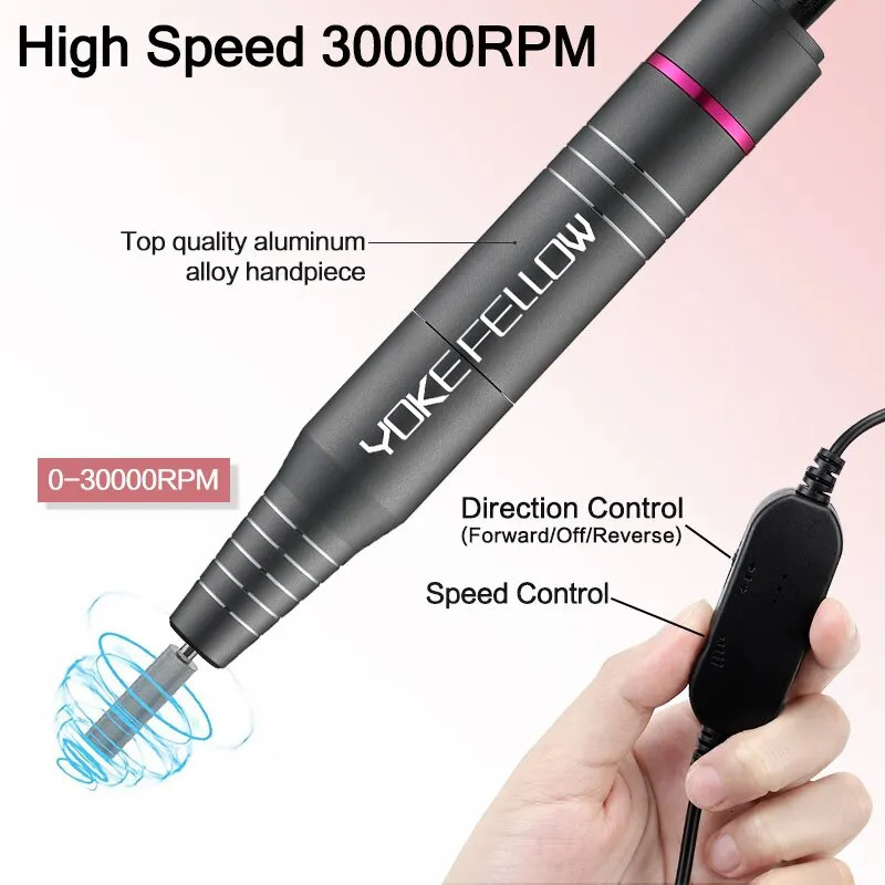 Nail Art Equipment YOKEFELLOW Electric Nail Drill 30000RPM Professional Electric Nail File Kit for Acrylic Gel Nails Manicure Pedicure Home Use 231207