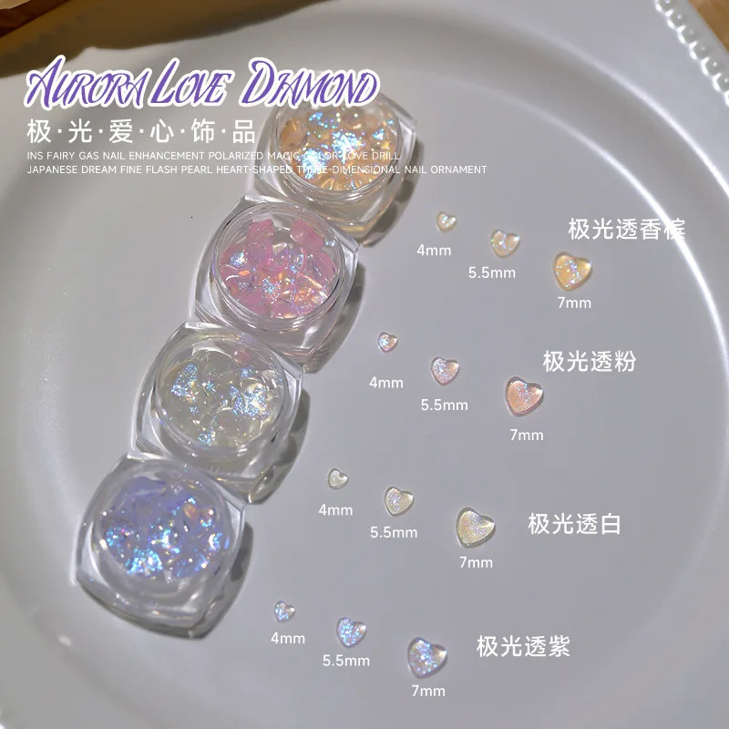 Nail Art Decorations 3040Pcs Aurora Love Heart Nail Art 1 Bottle Girl Relief Sticker 3D Shiny Rhinestones FlatBottom Mixed Mnaicure Crystal 231207