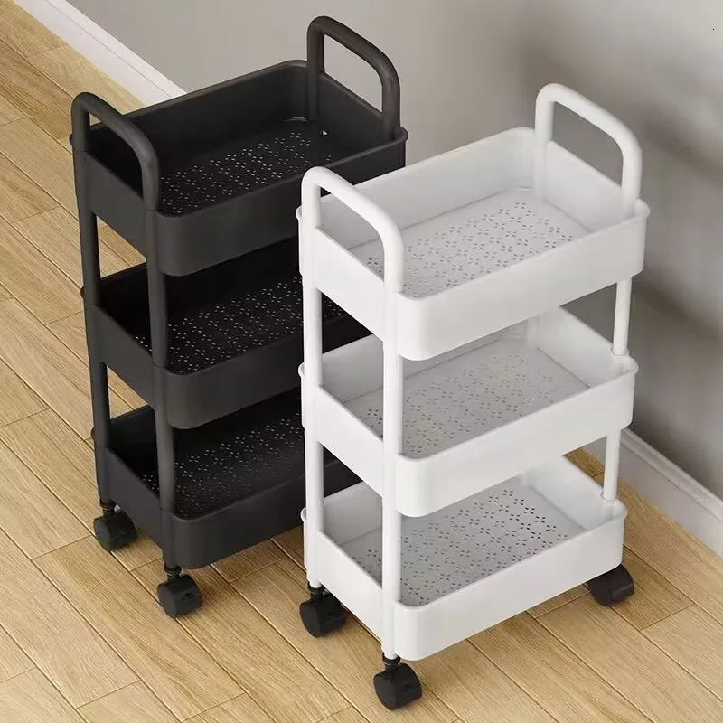 Pot Racks Trolley Organizer Auxiliary Cart With Wheels Kitchen Furniture Cabinet Storage Rack Mobile Plastic Bookshelf Vegetable Basket 231206