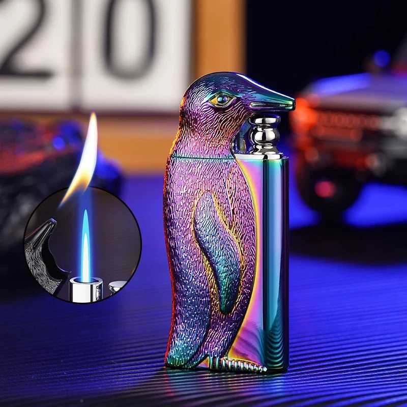Double Flame Conversion Inflatable Lighter Metal Three-dimensional Relief Penguin Personalized Creative Men's Gift W260202