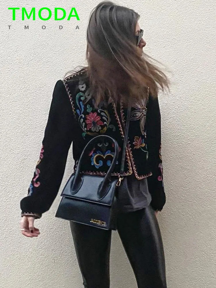 Women's Suits Blazers T MODA Women Fashion Contrast Embroidery Velvet Crop Open Blazer Coat Vintage Long Sleeve Female Outerwear Chic Veste Femme