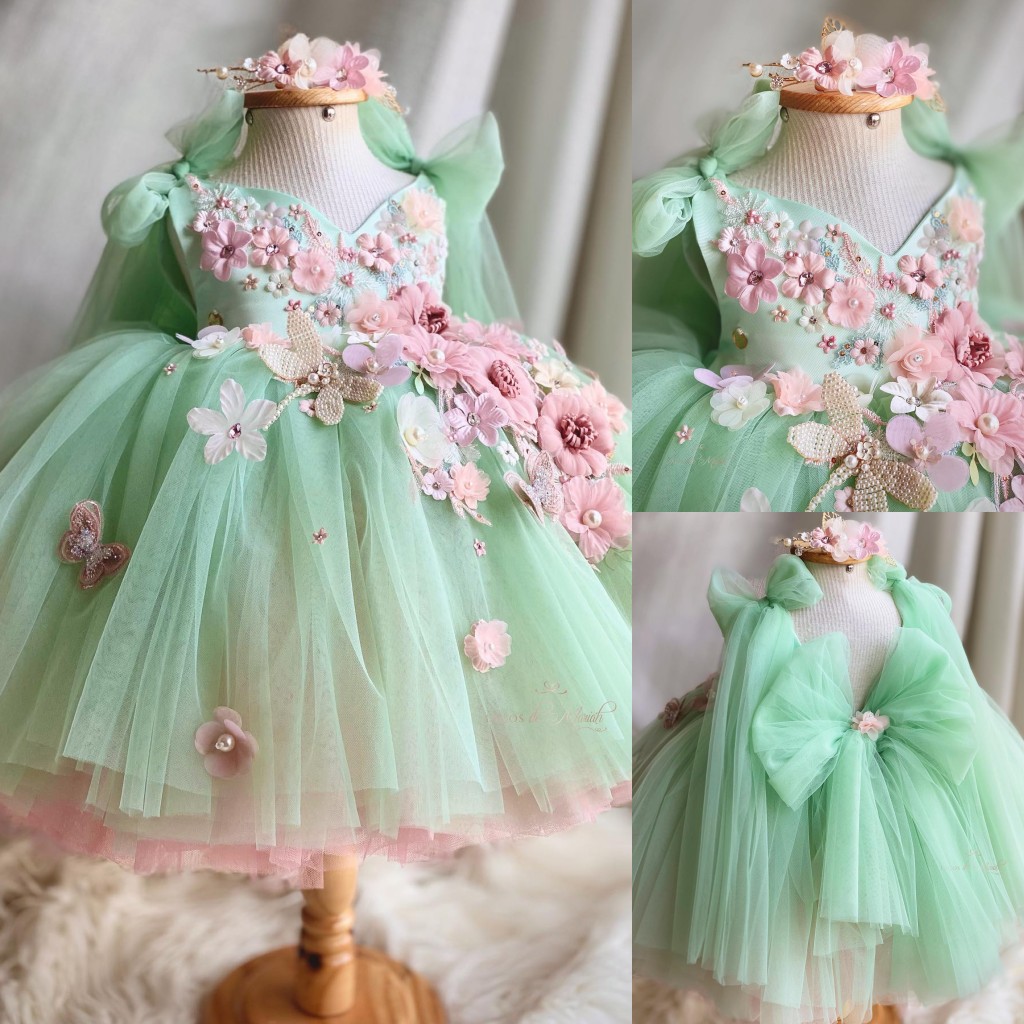 Green Beaded Flower Girl Dresses For Wedding Backless 3D Appliqued Toddler Pageant Gowns Tulle Knee Length Ball Gown Kids Birthday Dress 407