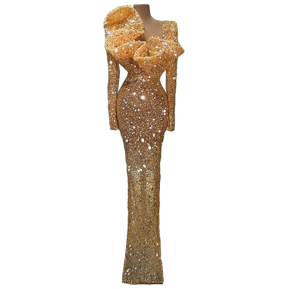Plus Size Gold Prom Dresses Glitter Illusion Long Sleeve Sequined Arabic Party Evening Dress Gowns Vestidos de gala