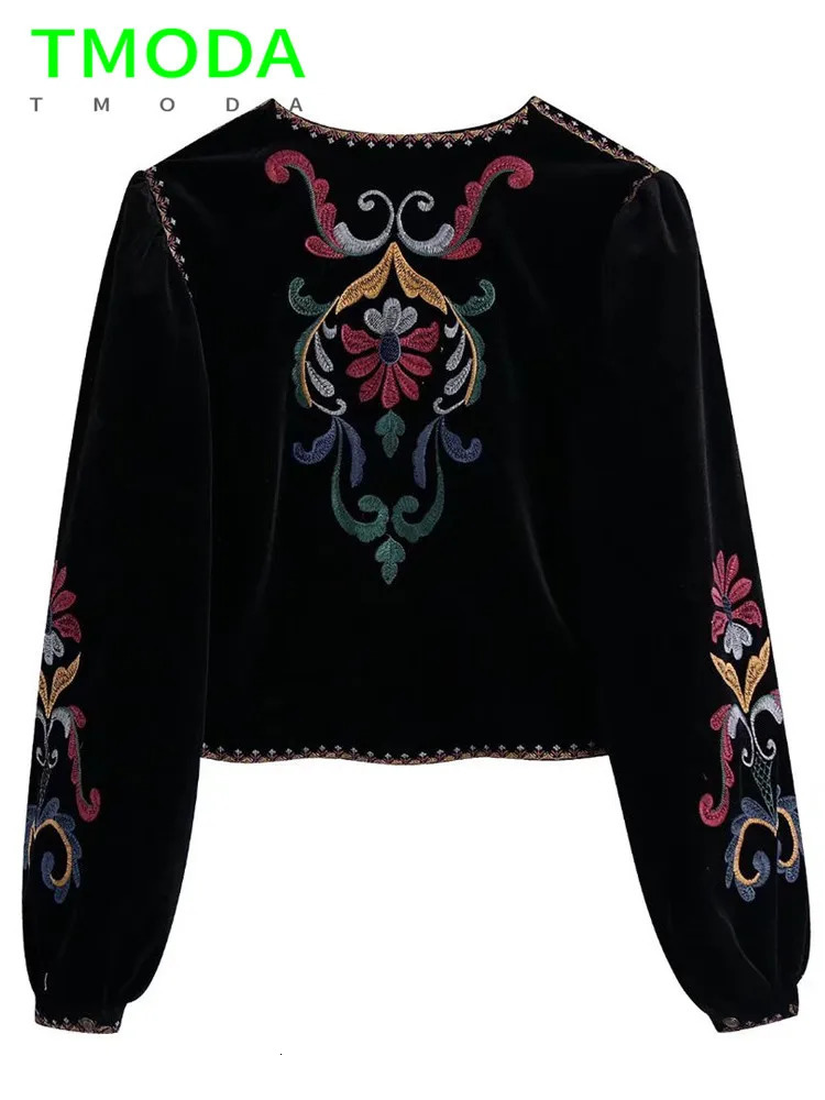 Women's Suits Blazers T MODA Women Fashion Contrast Embroidery Velvet Crop Open Blazer Coat Vintage Long Sleeve Female Outerwear Chic Veste Femme