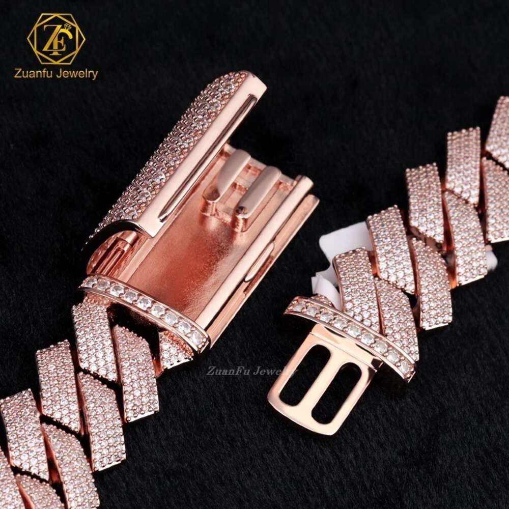 Sterling Silver 925 Rose White Gold Miami Cuban Link Iced Out Lab Diamond Moissanite Cuban Chain Necklace Jewelry