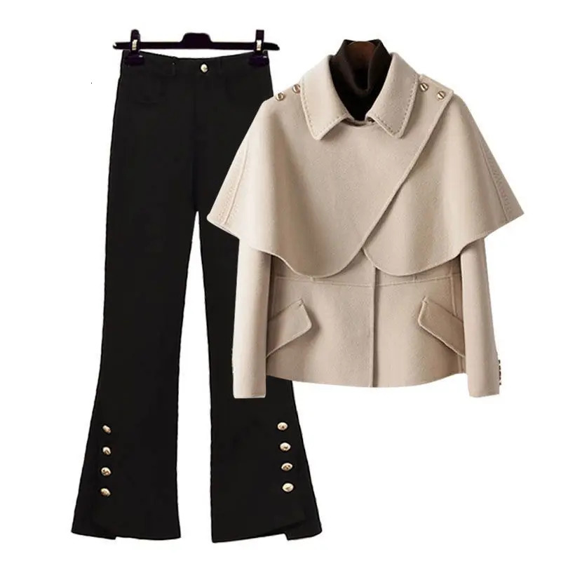 Women's Two Piece Pant's Autumn Winter Vintage Spliced Long Sleeve Suit CoatMicro Flared Jeans Korean Casual Blazers Matching Set 231206