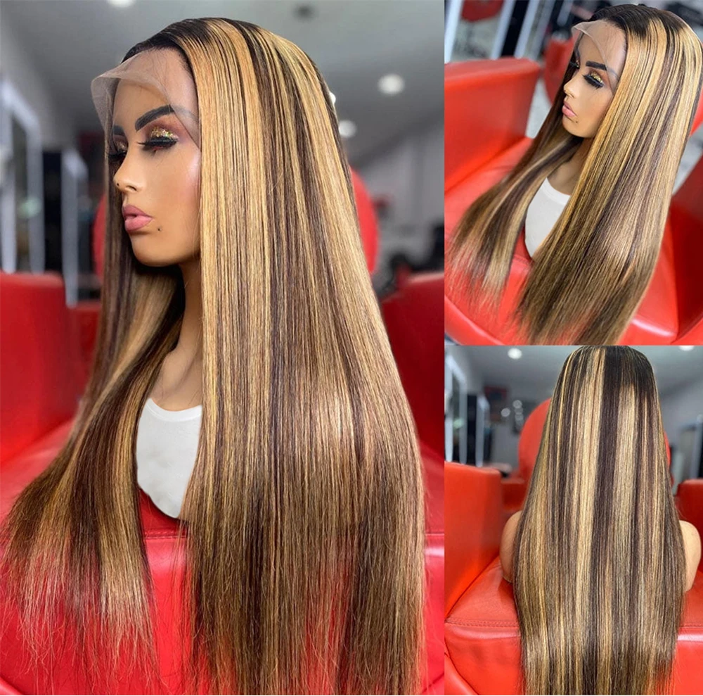180density Brazilian Highlight Human Hair 13x4 Glueless Honey Blonde Straight Front Wigs Brown Hd Lace Closure Wig for Black Women