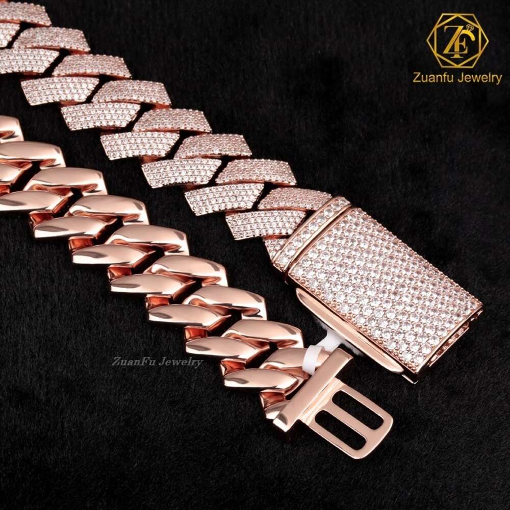 Sterling Silver 925 Rose White Gold Miami Cuban Link Iced Out Lab Diamond Moissanite Cuban Chain Necklace Jewelry