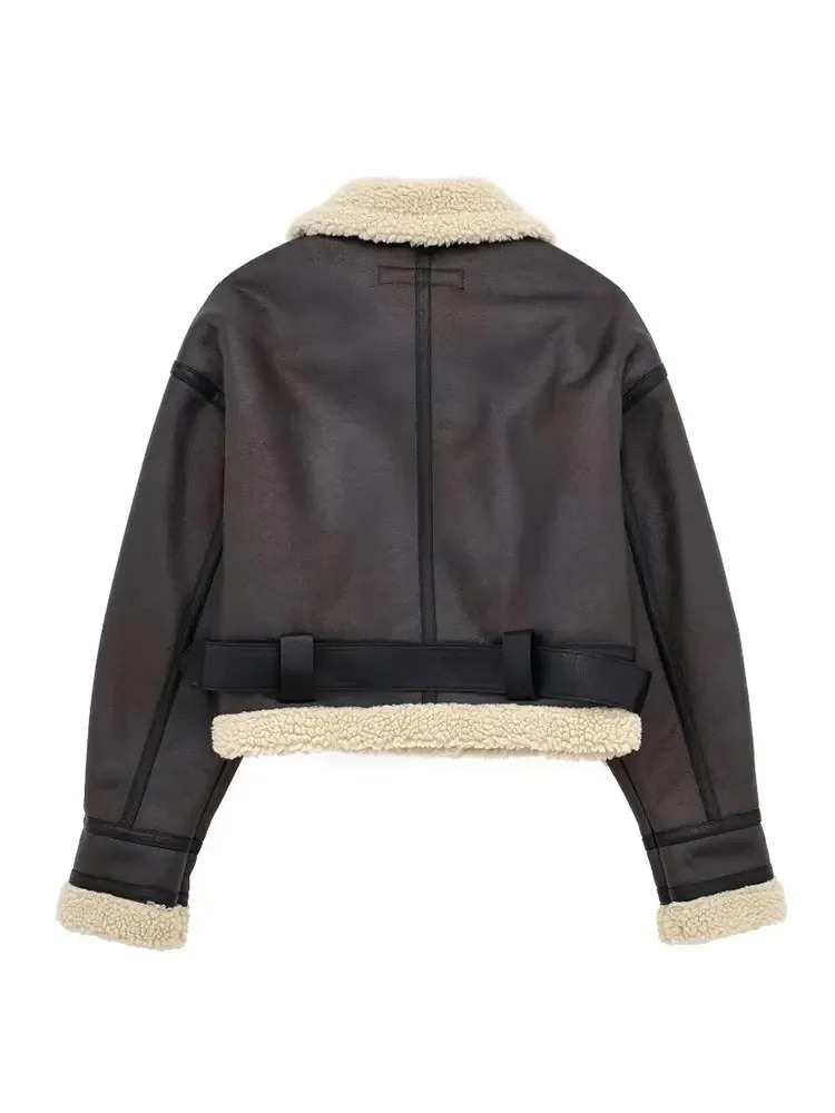 Women's Jackets HH TRAF Winter Faux Leather Jacket For Women Vintage Fleece Lining Motorcycle Coat Lapel Long Sleeve Woman Warm Outerwear 231206