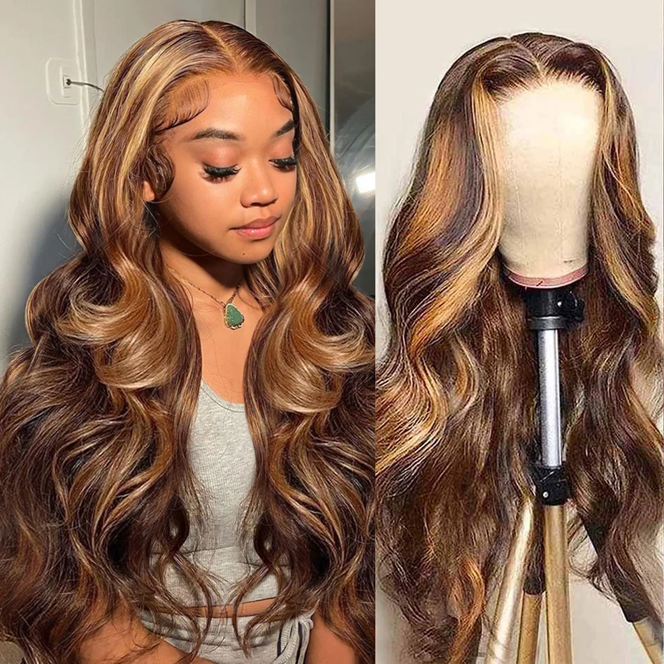 Peruvian Soft 4/27 Highlight Wave Human Hair Wigs Brazilian Body Wavy 360 Transparent Synthetic Lace Front Wig PrePlucked for Women