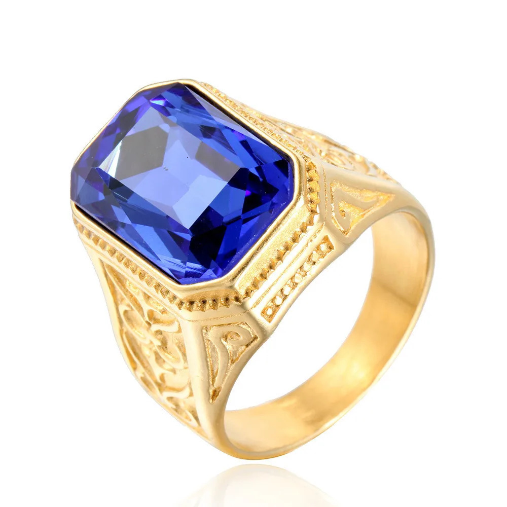 Wedding Rings Big Square Blue Crystal Topaz Gemstones Diamonds for Men Masculine Gold Filled Stainless Steel Bague Jewelry Finger Bands 231206