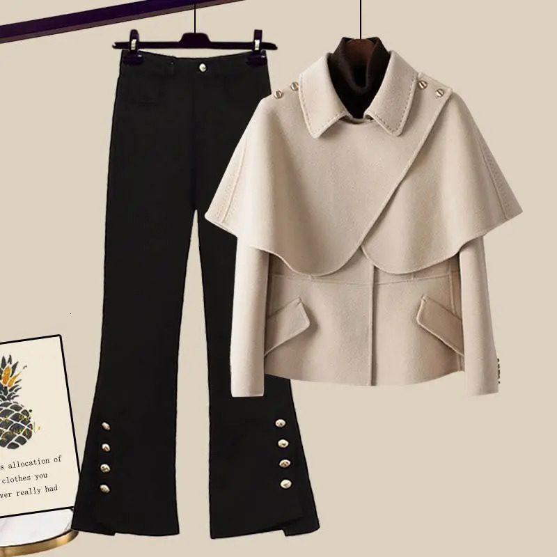 Women's Two Piece Pant's Autumn Winter Vintage Spliced Long Sleeve Suit CoatMicro Flared Jeans Korean Casual Blazers Matching Set 231206
