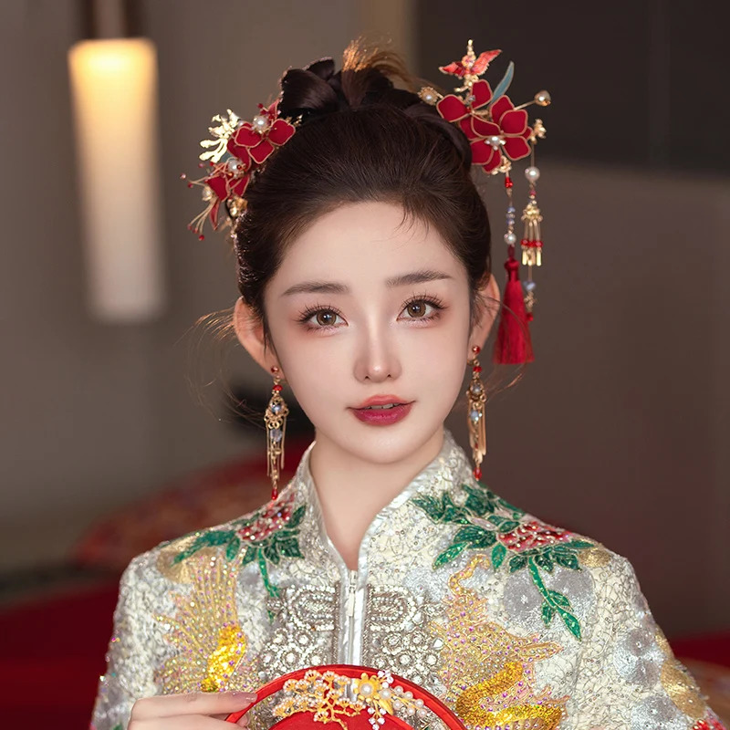 Headwear Hair Accessories Chinese Red Fabric Step Shake Flower Tassel Hairpin Classical Bride Wedding Hanfu Qipao 231207