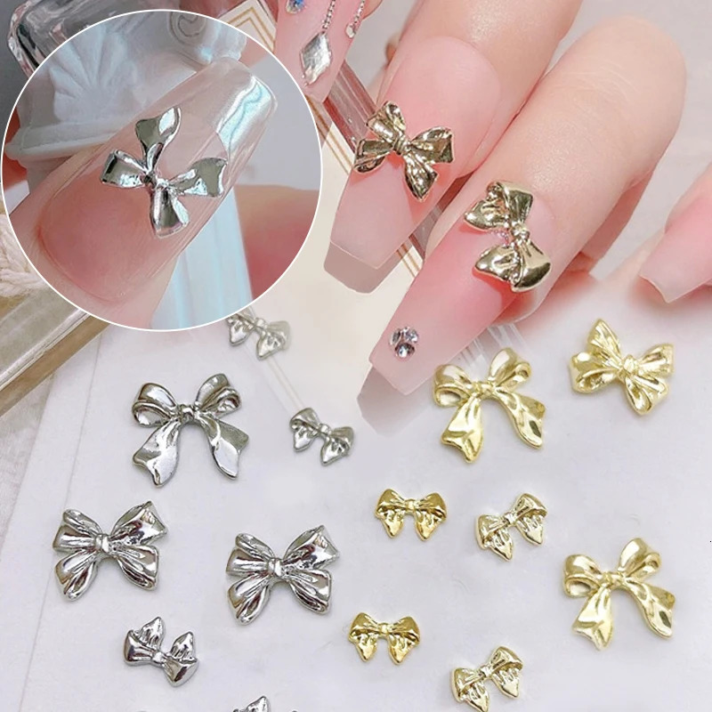 Nail Art Decorations 1Bag 3D Silver Gold Bowknot Shaped Nail Charms Metal Alloy Heart Nail Art Rhinestones Manicure Jewelry For DIY Nail Accessories 2
