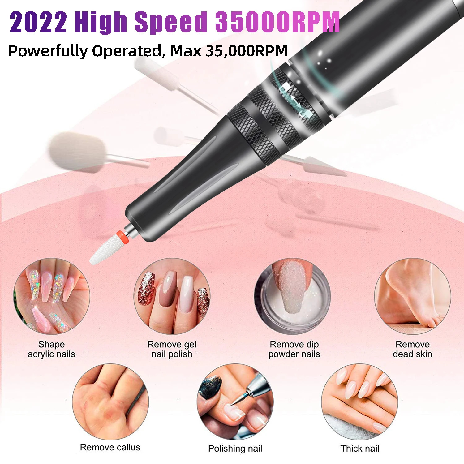Nail Art Equipment 35000RPM Manicure Machine Electric Nail Drill Portable Nail Lathe Electric Manicure Cutter Set Nail Gel Polisher Salon Equipment 23