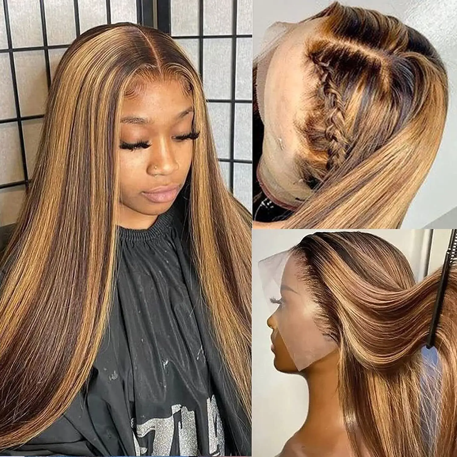 Free shipping Peruvian 4/27 Honey Blonde Highlight Human 13x4 Straight Lace Front with Baby Hair Short Bob Synthetic Wig