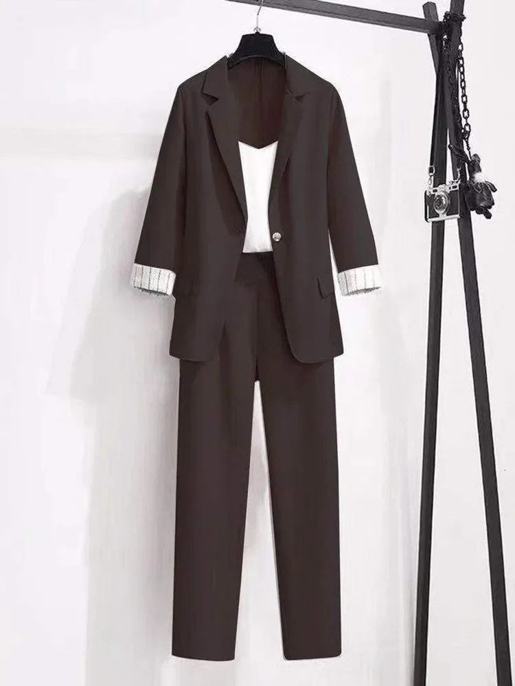 Women's Two Piece Pants 2023 spring plus size Korean elegant women's suit female blazer leisure pants Tweed jacket three piece set 231206