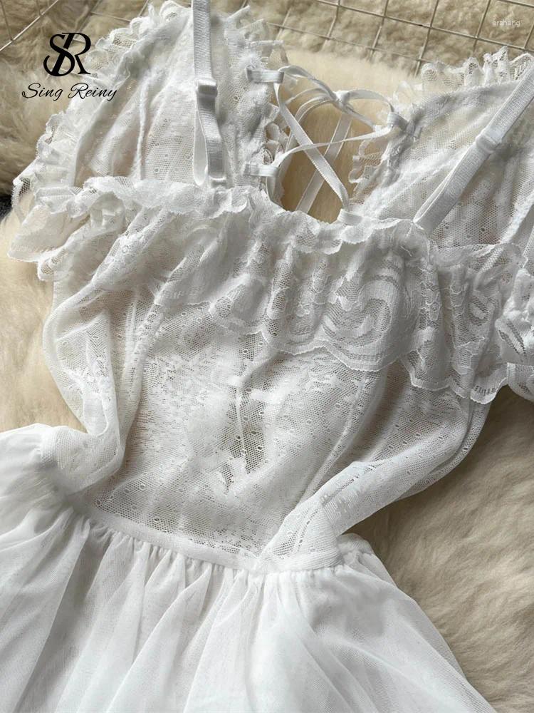 Women's Sleepwear SINGREINY Widding Erotic Camis Pamas Dress Female Thin Lace-Up Sheer Ruffles Nightgowns Porno Backless Short Sexy Night B4