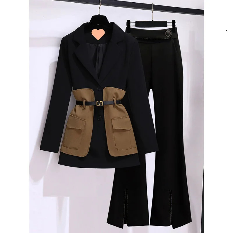 Women's Two Piece Pant's Autumn Winter Casual Blazers Jacket Matching Set Korean Elegant Midi Suit Coat Pants Female Clothing Suits 231206
