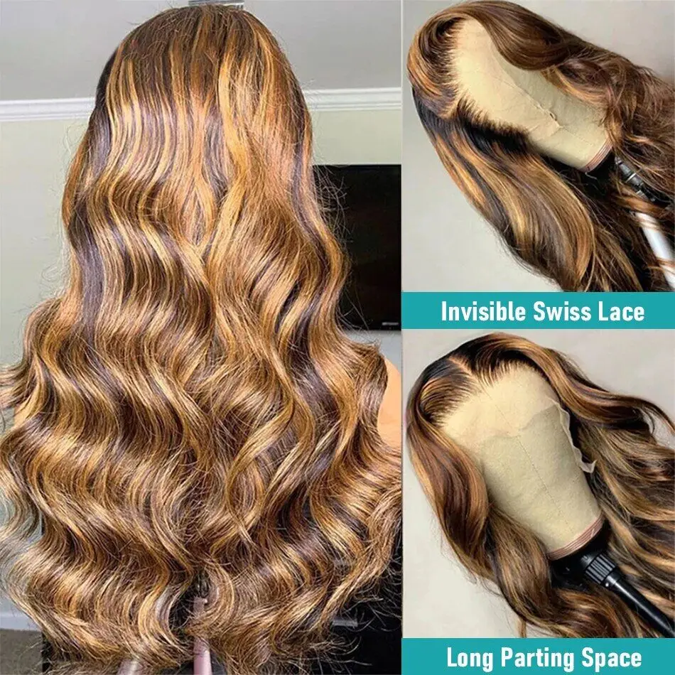 Peruvian Soft 4/27 Highlight Wave Human Hair Wigs Brazilian Body Wavy 360 Transparent Synthetic Lace Front Wig PrePlucked for Women