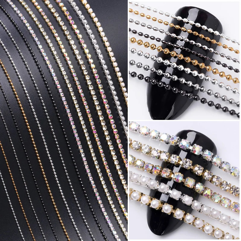 Nail Art Decorations Pearl Claw Nail Chain Gold Silver Nail Stone Beads Decor 3D Rhinestone Metal Steel Ball Chain DIY Charm Nail Art Jewelry Decor 23