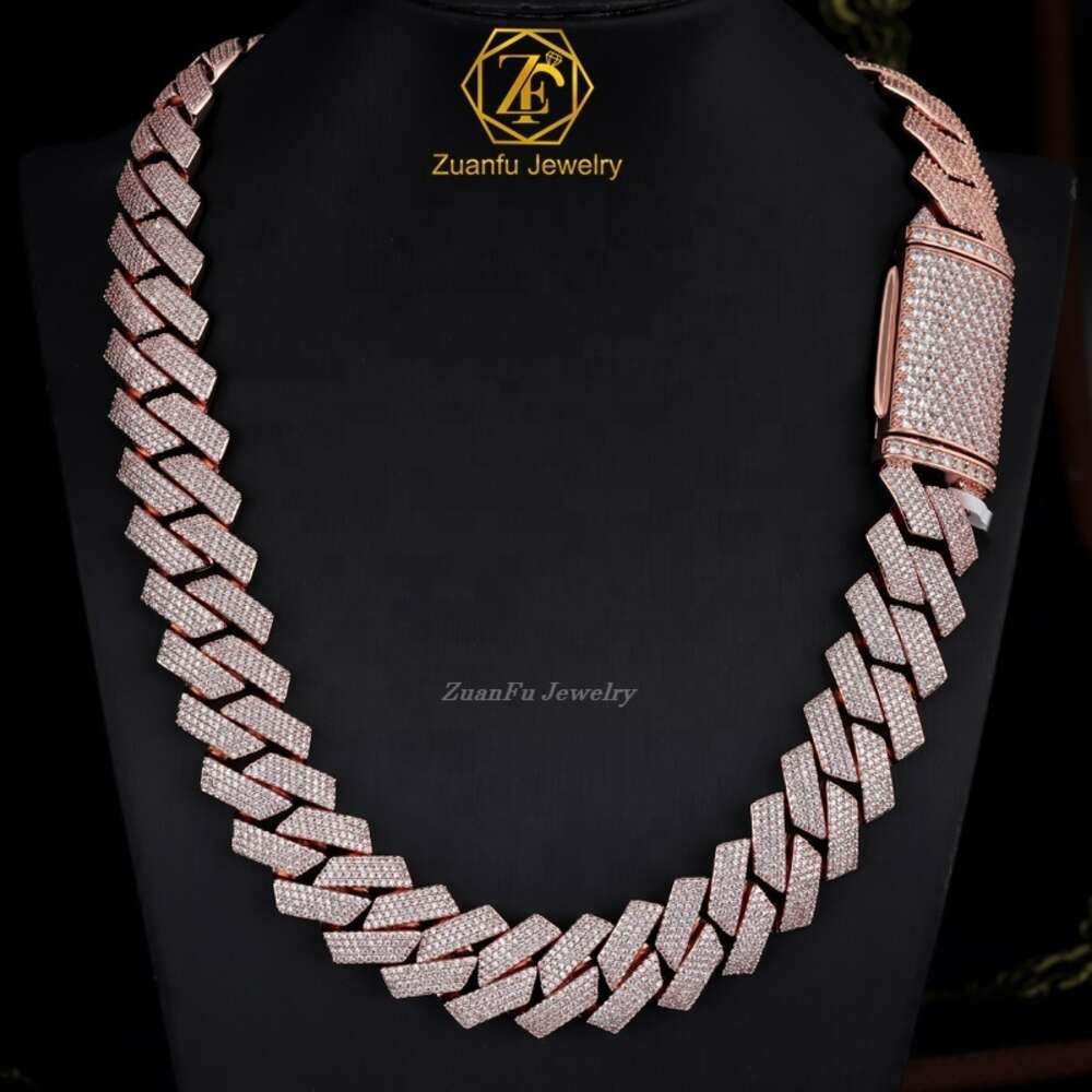 Sterling Silver 925 Rose White Gold Miami Cuban Link Iced Out Lab Diamond Moissanite Cuban Chain Necklace Jewelry