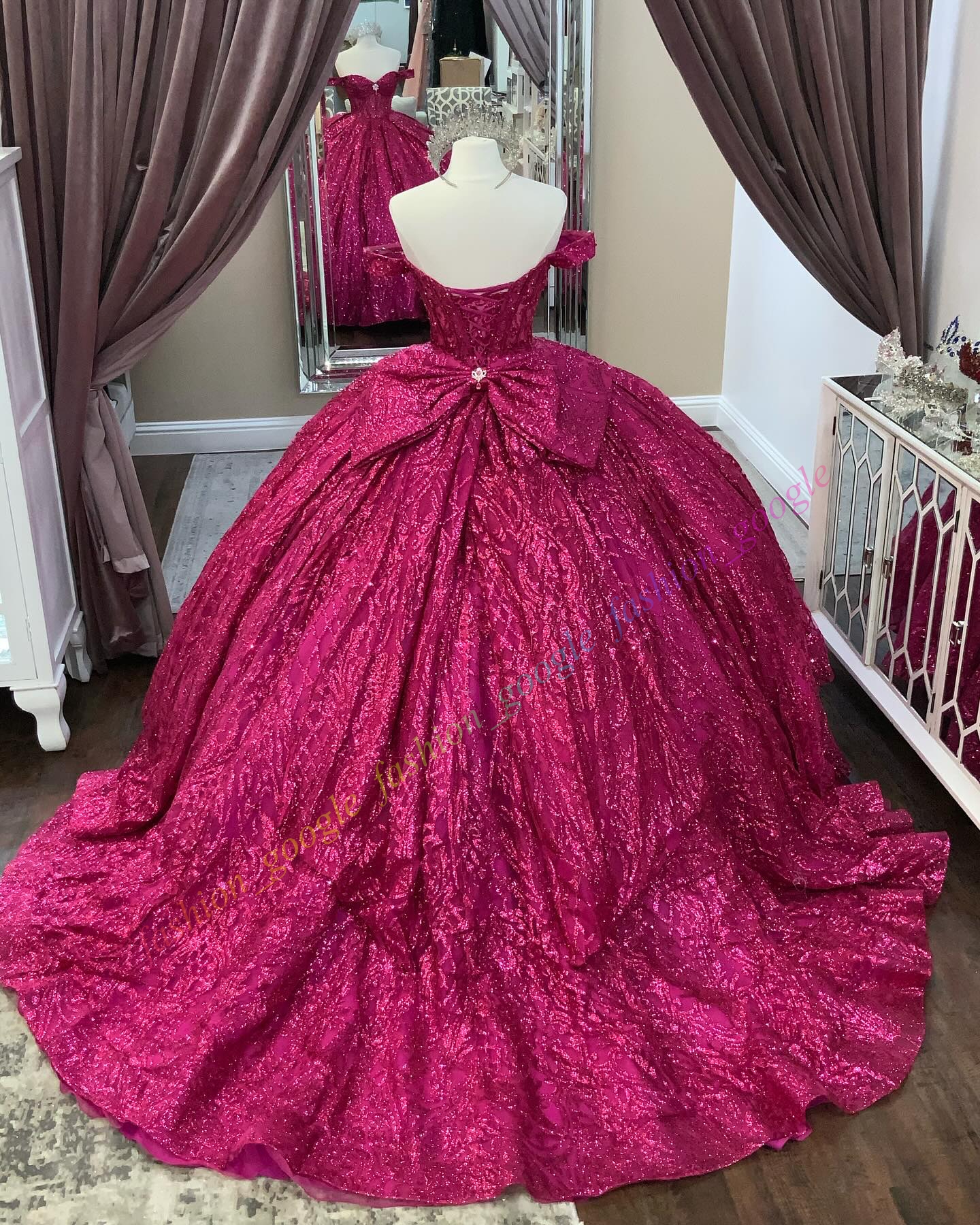 Shimmering Glitter Tulle Quinceanera Dress Detachable Back Bow Ball Mexican Quince Sweet 15/16 Birthday Party Gown for 15th Girl Drama Winter Formal P