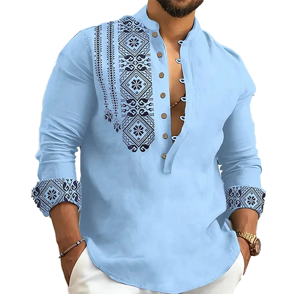 Men's Casual Shirts Men Long Sleeve Button-Down Shirt Blouse Loose Henley V-Neck Beach Tops T Shirts 231207