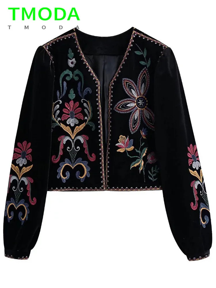 Women's Suits Blazers T MODA Women Fashion Contrast Embroidery Velvet Crop Open Blazer Coat Vintage Long Sleeve Female Outerwear Chic Veste Femme
