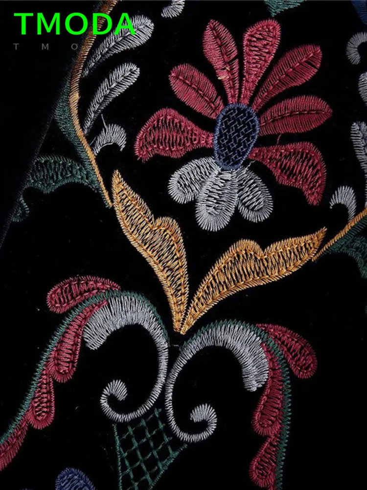 Women's Suits Blazers T MODA Women Fashion Contrast Embroidery Velvet Crop Open Blazer Coat Vintage Long Sleeve Female Outerwear Chic Veste Femme