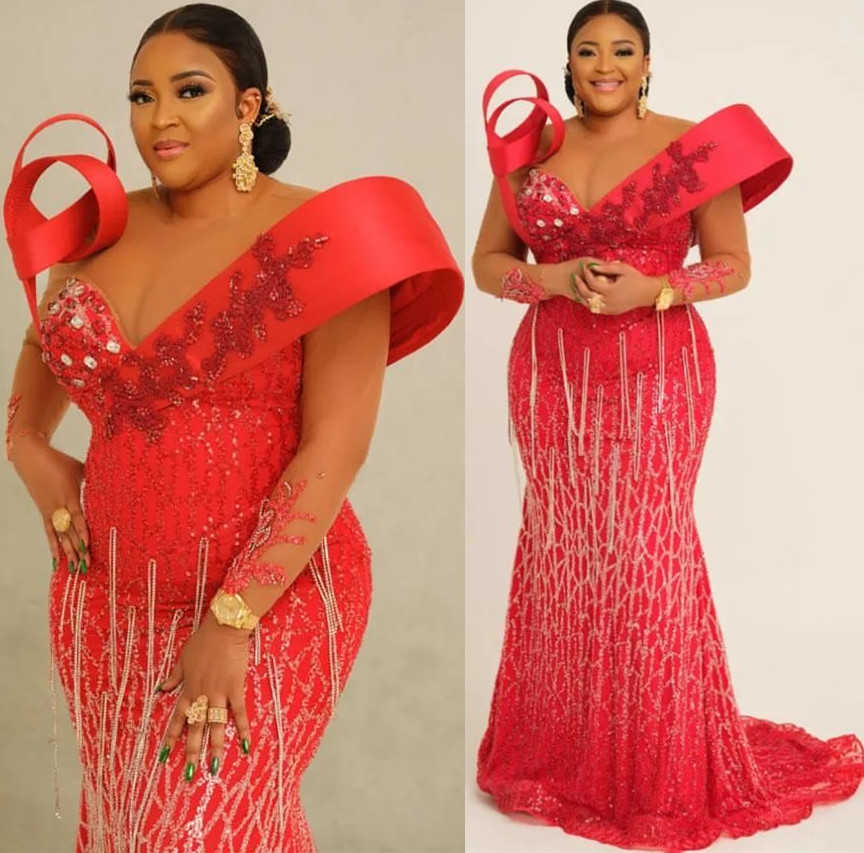Eb 2024 Aso Red Mermaid Prom Dress Beaded Sheer Neck Lace Evening Formal Party Second Reception Birthday Engagement Gowns Dresses Robe De Soiree es