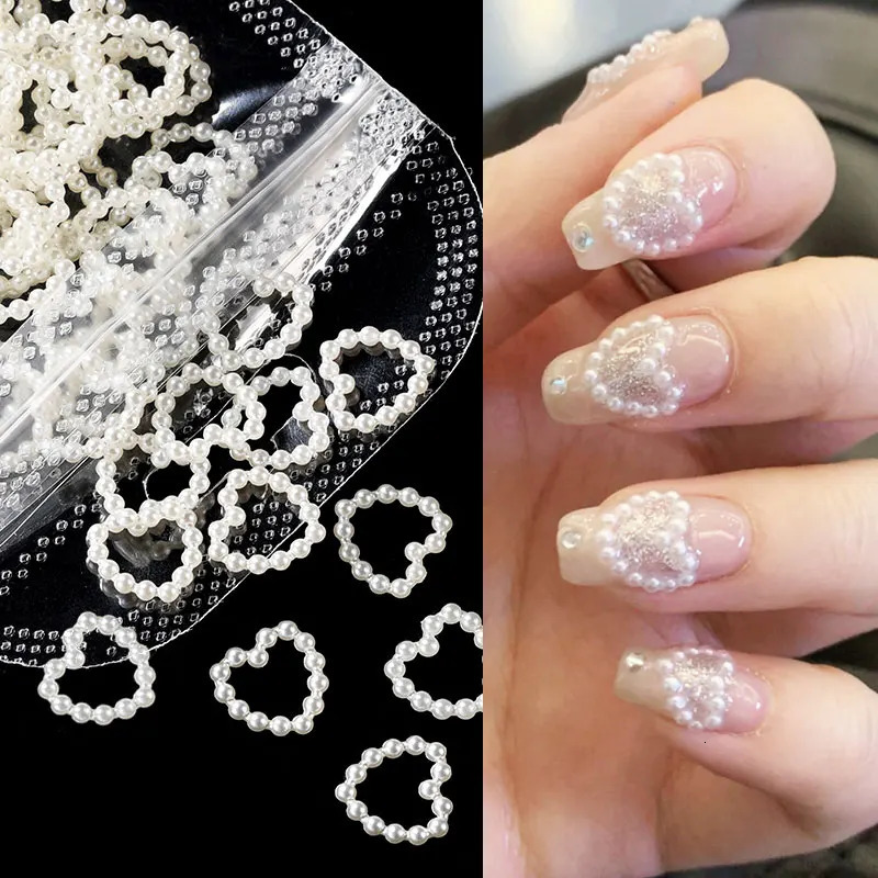 Nail Art Decorations 100PcsBag Hollow Heart Pearl Nail Art Charms White Pink Purple Pearl Round Flatback 3D Nail Decoration DIY Nail Accessories 23120