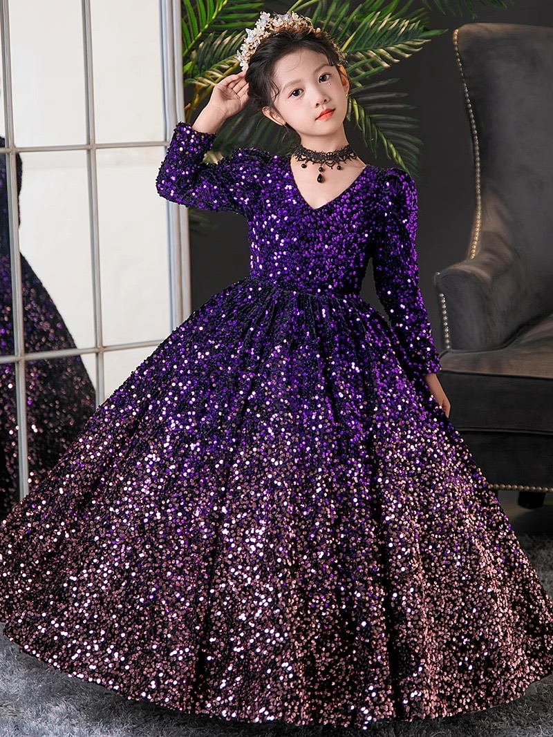 Sequined Purple Girl Dresses Gorgeous Long Sleeves Flower Girls Dress Wedding Party Princess Casual Kids Clothes Communion Present Children 2-14 Years