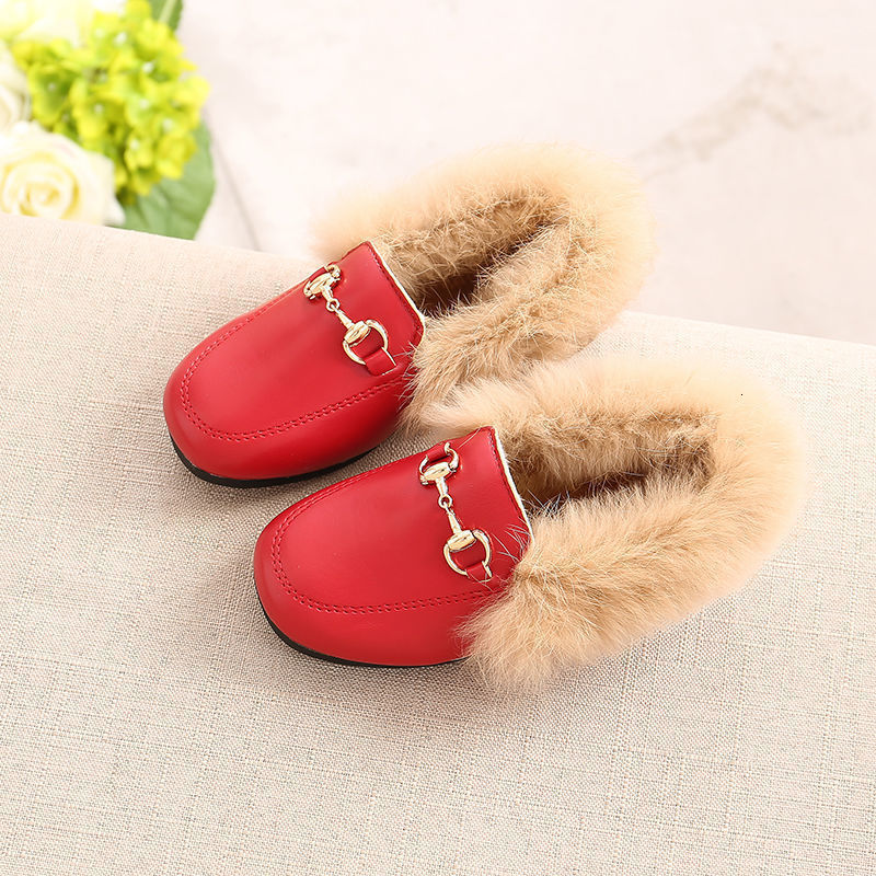 First Walkers Real Hair Loafers With Buckle Moccasin Winter Kids Fur Velvet Shoes Baby Girls Princess Children Warm Casual Shoe 220830