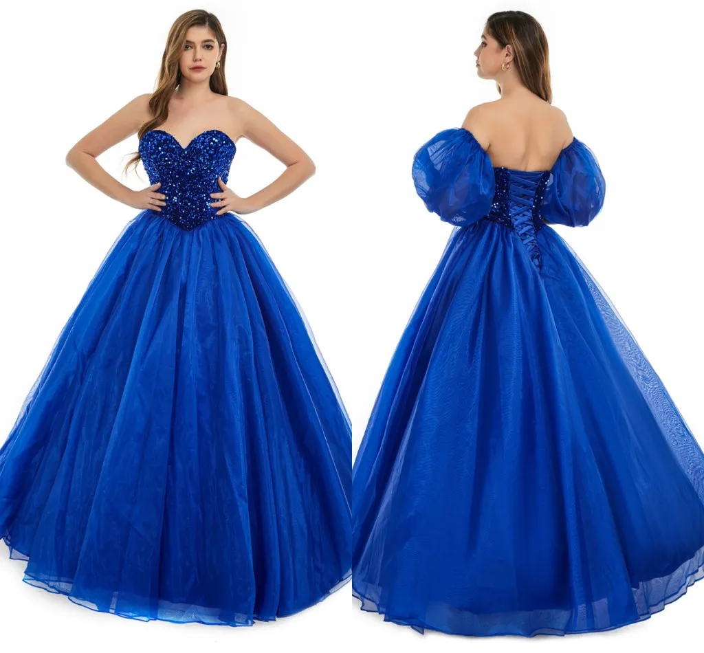 Sexy Backless Royal Blue A Line Prom Dresses 2024 New Sequins Beads Sweetheart Corset Back Evening Quinceanera Gowns with Poet Sleeves BM3503 127