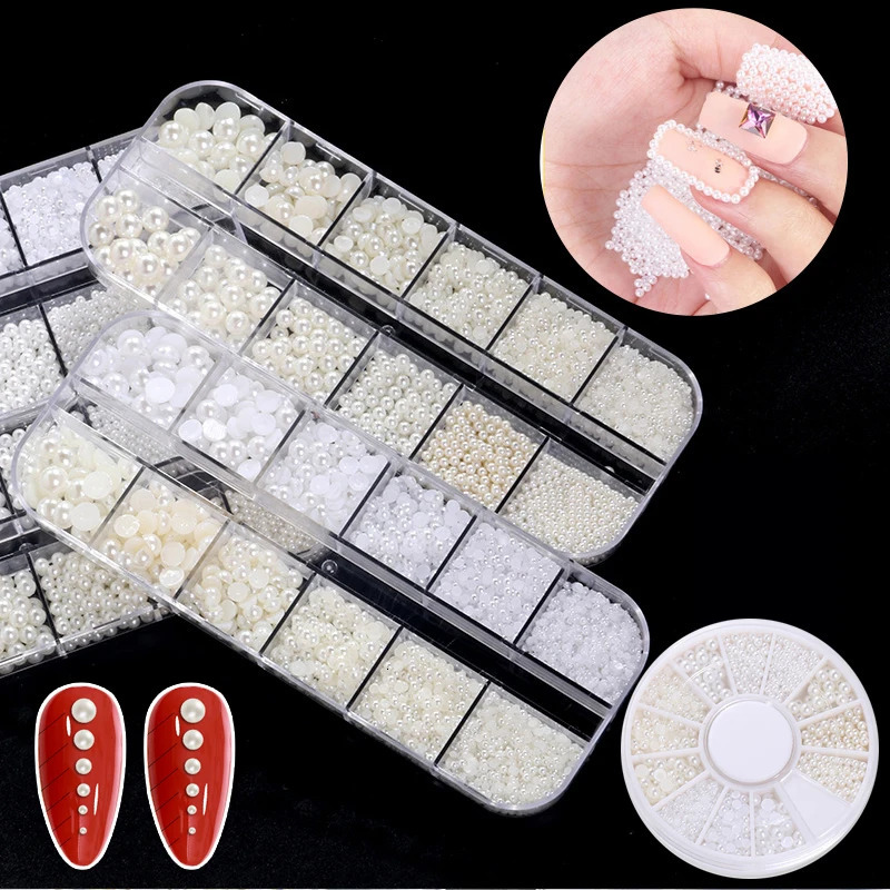 Nail Art Decorations Parts Nails Accessories Pearls Flatback Beads Nacre 1Box Acrylic Ball Rhinestones Supplies For Professionals Needlework Kit Case 
