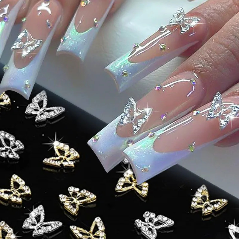 Nail Art Decorations 10pcsbag Butterfly Shaped Nail Rhinestone Star Flower Nail Charm Silver Gold Alloy Nail Pearl Jewelry Accessories Nail Supplies 2