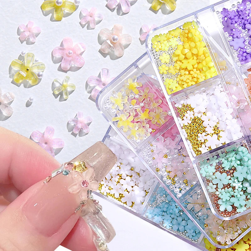 Nail Art Decorations 6Grids Acrylic Flower 3D Nail Art Decorations Resin Charms Gold Beads Caviar Pearl Mixed Rhinestones Accessories Manicure 231207