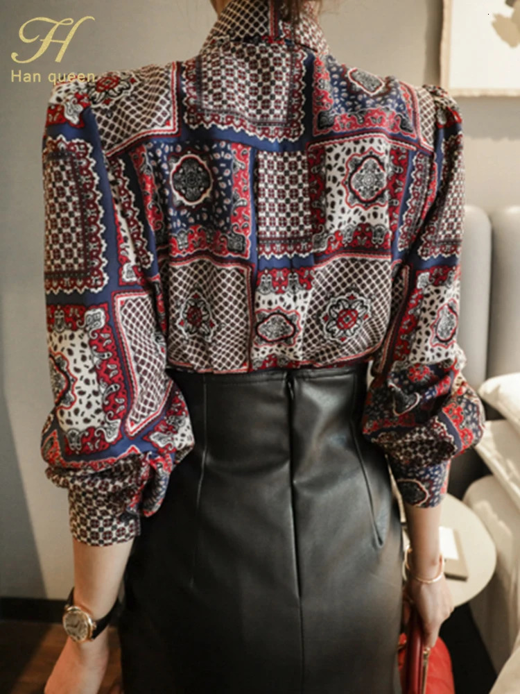 Women's Blouses Shirts H Han Queen Winter Elegant Bow Women Korean Style Casual Vintage Printing Simple Office Wear Work Tops 231207