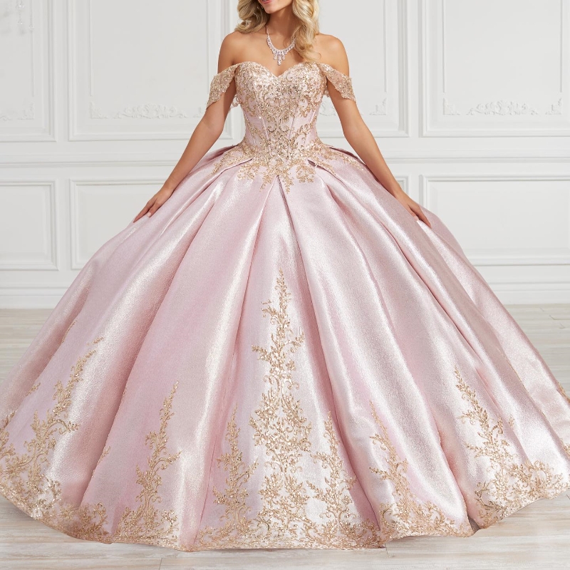 Light Pink Shiny Ball Gown Quinceanera 2024 Princess Gold Lace Appliques Beads Sweet 16 Dress Vestidos 15 De