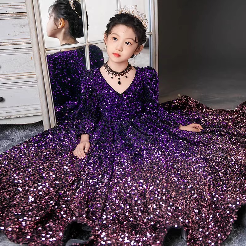 Sequined Purple Girl Dresses Gorgeous Long Sleeves Flower Girls Dress Wedding Party Princess Casual Kids Clothes Communion Present Children 2-14 Years