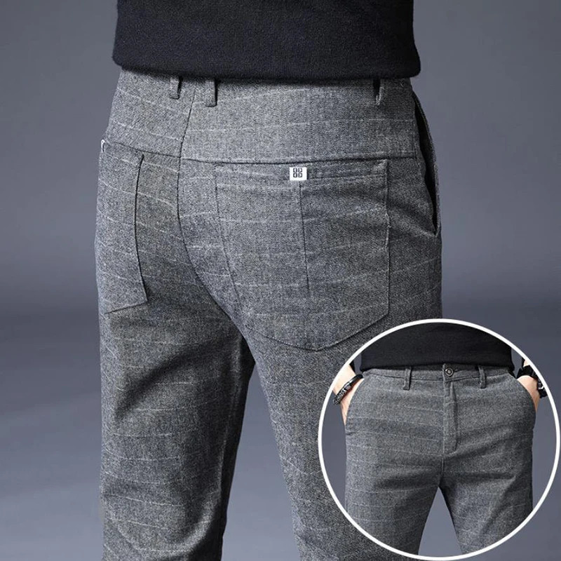 Men's Pants Winter Plaid Thicken Male Four Seasons Business Trousers Clothing Straight Casual Harem Size 38 231206