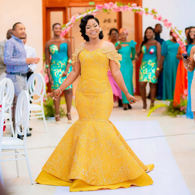 2023 Aso Ebi Promdress Yellow Mermaid Off Shoulder Lace Applique Beaded Evening Dress Vestidos De Gala Second Reception Prom Gowns Birthday Party Afri