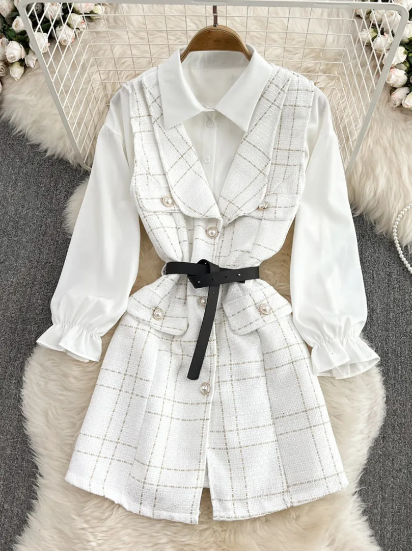Two Piece Dres Set 2023 Korean Fashion Bowtied Collar White Blouse and Spaghetti Strap Single Breasted Mini Tweed Suits 231207