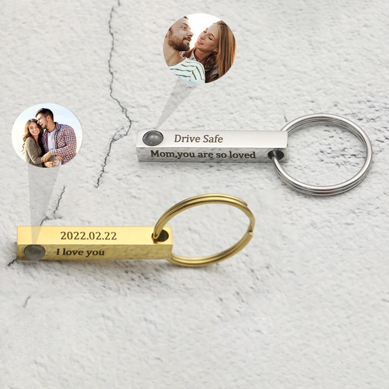 Key Rings Projection Po Bar Keychain Custom Personality Drive Safe Keyring Name Text Gift for Men and Women Jewelry 231206