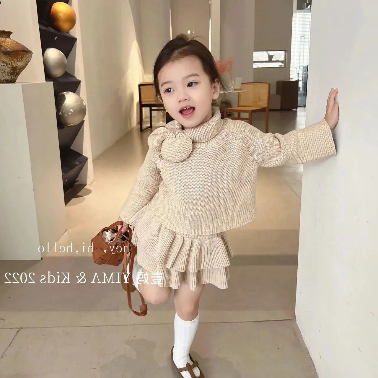 Clothing Sets Kids Clothes Girls Pullover Bowknot Top Retro knitting Elegant Pleated Skirt Two Piece Set Sweater Fashion Spring Autumn 231207
