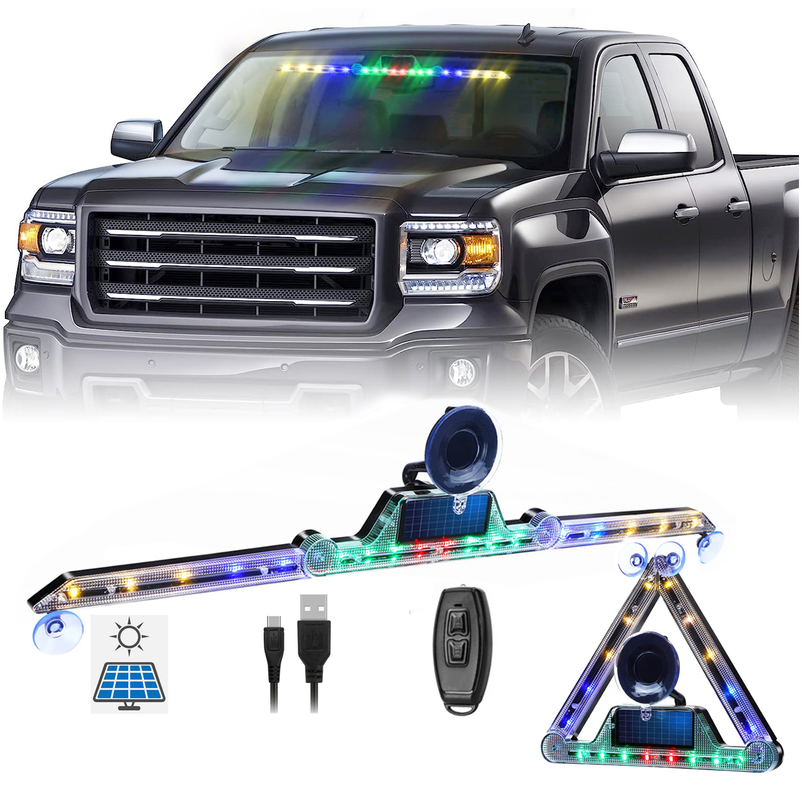 Solar Emergency Strobe Lights for Vehicles USB Rechargeable 11 Flashing Modes Remote Control High-Intensity LED Safety Lights for Trucks and Cars